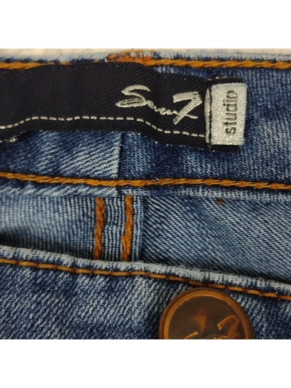 Seven7 Studio Blue Medium Wash Embroidered Five Pocket High Rise Flare Leg Jean - Picture 7 of 16